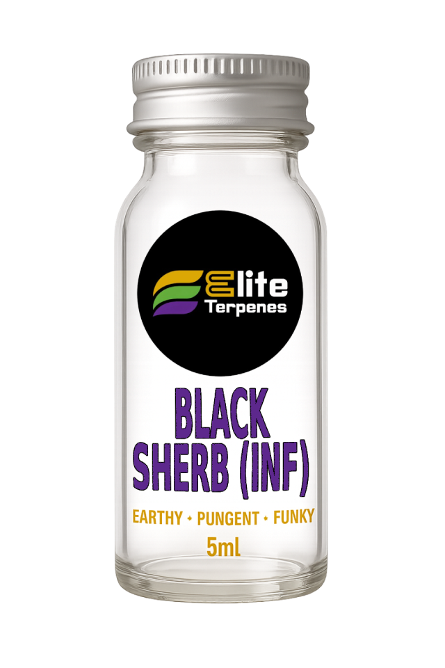 Clear glass bottle with a silver cap, labeled Elite Terpenes, Black Sherb (INF) flavor, 5 mL, tagline: earthy • pungent • funky.
