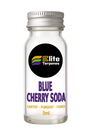 Glass dropper bottle with a black circular Elite Terpenes logo and bold purple text 'BLUE CHERRY SODA' on the label, 5ml