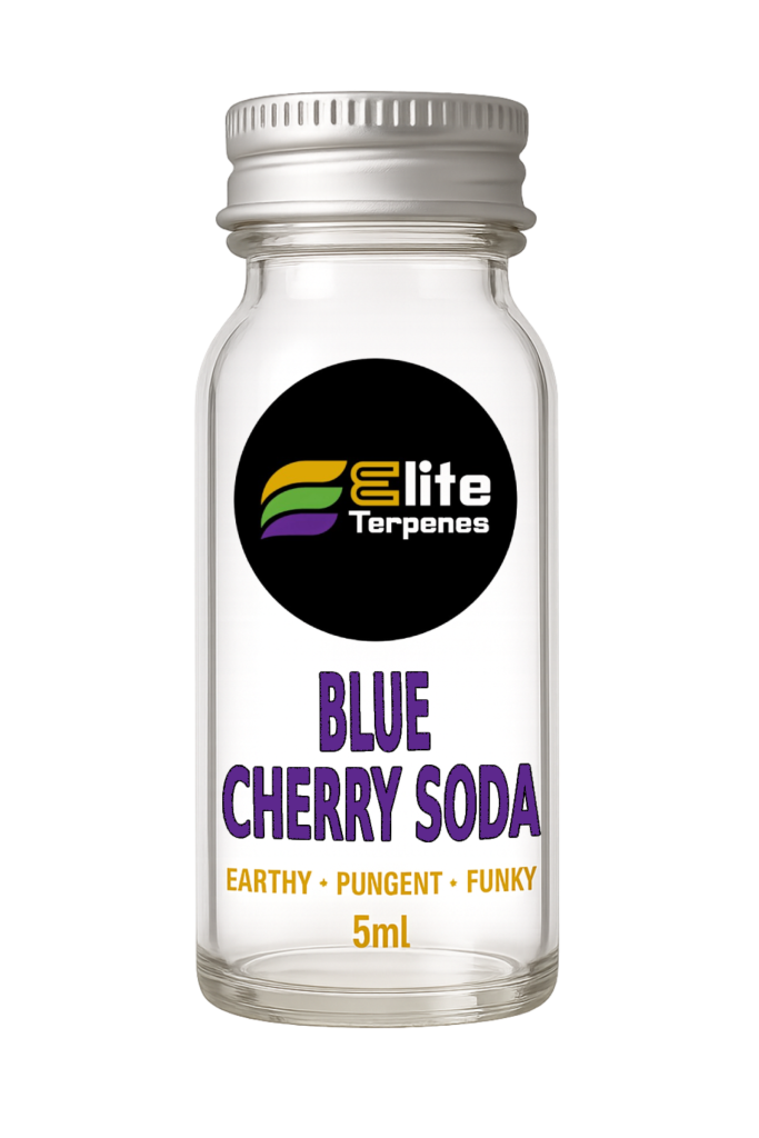 Glass dropper bottle with a black circular Elite Terpenes logo and bold purple text 'BLUE CHERRY SODA' on the label, 5ml