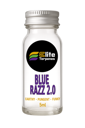 Clear glass bottle with a white label showing the Elite Terpenes logo, and text: BLUE RAZZ 2.0, Earthy Pungent Funky, 5ml.