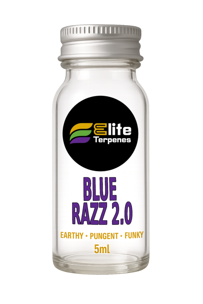 Clear glass bottle with a white label showing the Elite Terpenes logo, and text: BLUE RAZZ 2.0, Earthy Pungent Funky, 5ml.