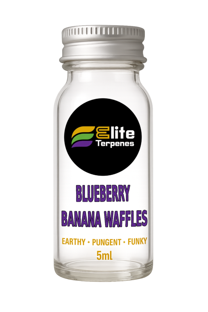 Glass dropper bottle with white label: 'Elite Terpenes' and flavor 'Blueberry Banana Waffles' (5ml).