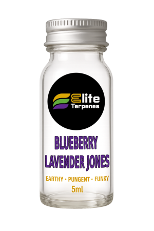 Clear glass bottle with white label reading 'Blueberry Lavender Jones' from Elite Terpenes, 5 ml, logo visible in a black circle