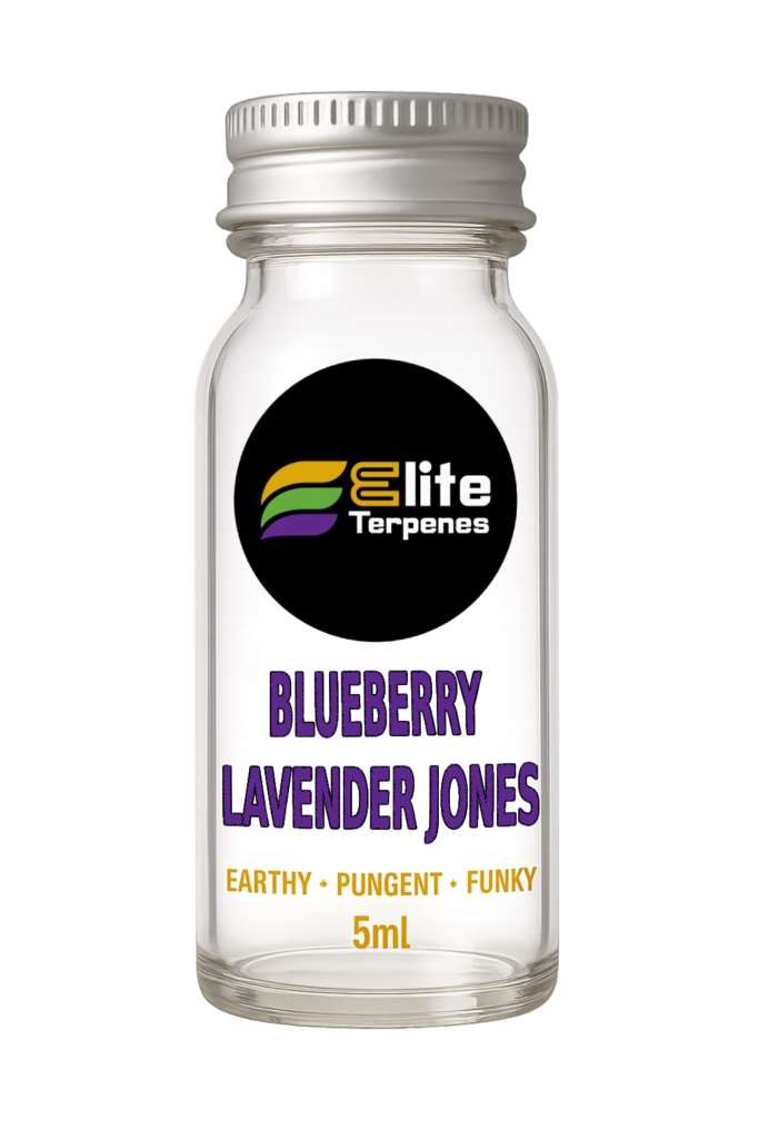 Clear glass bottle with white label reading 'Blueberry Lavender Jones' from Elite Terpenes, 5 ml, logo visible in a black circle