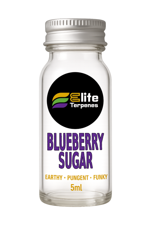 Clear glass vape juice bottle labeled 'Blueberry Sugar' by Elite Terpenes, 5 mL