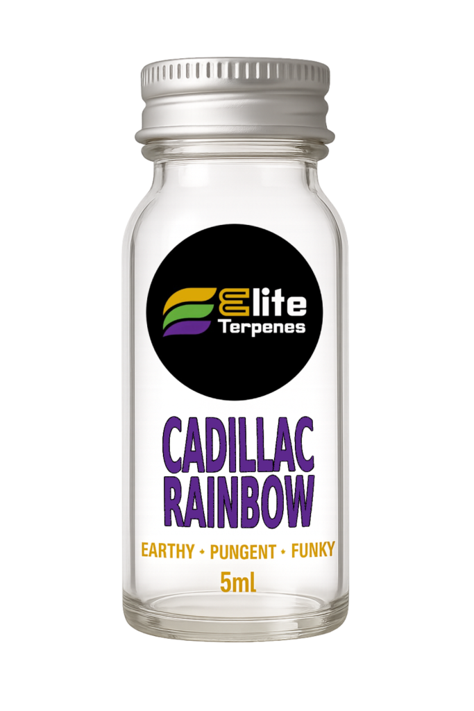 5ml glass bottle with silver cap, label shows Elite Terpenes logo and Cadillac Rainbow text (Earthy, Pungent, Funky).