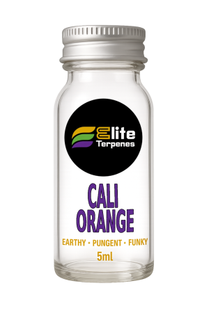 Clear glass bottle with silver cap and a black circular logo reading 'Elite Terpenes' labeled 'CALI ORANGE' (5ml) invites earthy, pungent aroma.