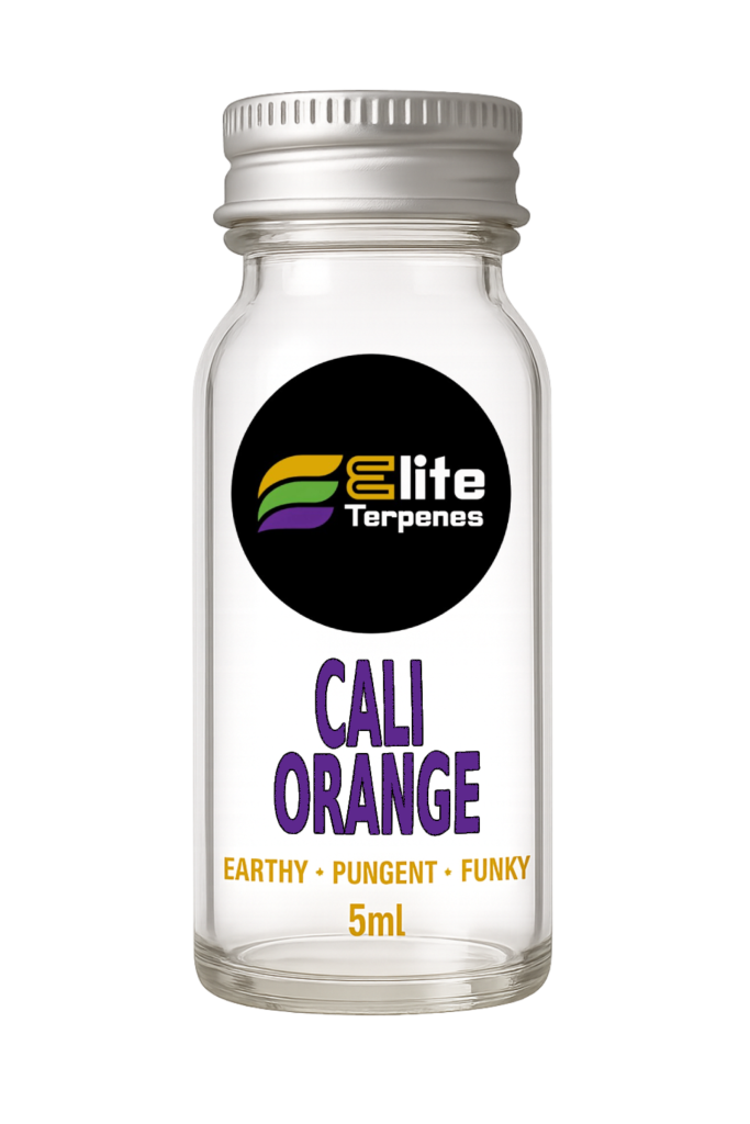 Clear glass bottle with silver cap and a black circular logo reading 'Elite Terpenes' labeled 'CALI ORANGE' (5ml) invites earthy, pungent aroma.