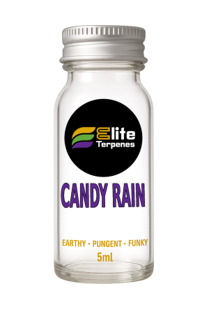 Clear glass bottle with black circular Elite Terpenes logo and label reading Candy Rain, 5ml.