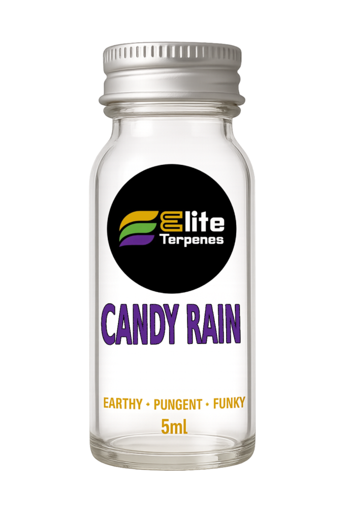 Clear glass bottle with black circular Elite Terpenes logo and label reading Candy Rain, 5ml.
